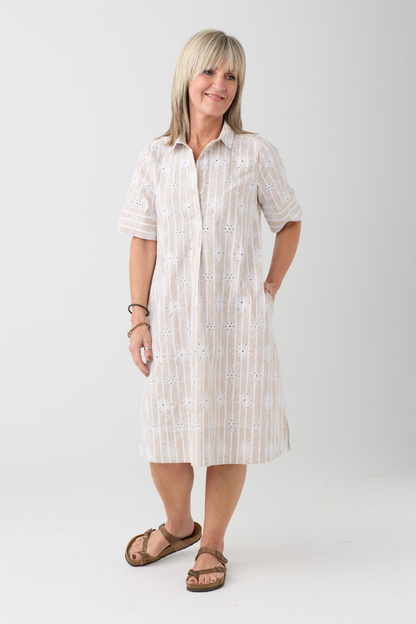 Milano Natur Stripe/Floral Embroidery Dress