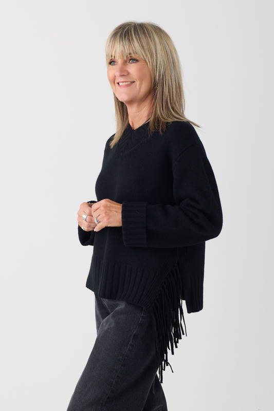 Mos Mosh Eshala Black Fringe V-Neck Jumper