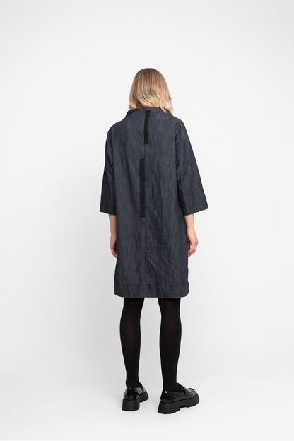 Ozai n Ku Denim Wide Neck Dress - Black Tape Detail