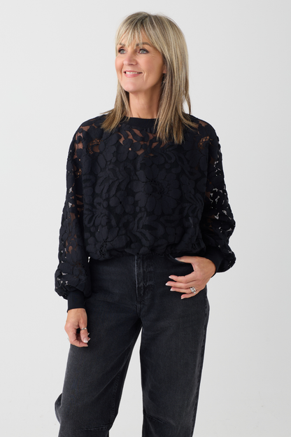 Oui Black Lace Detail Tie Neck Top
