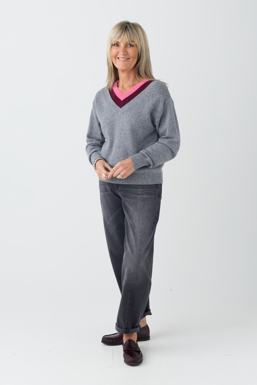 Oui Grey/Red Multi-Layer V-Neck Jumper