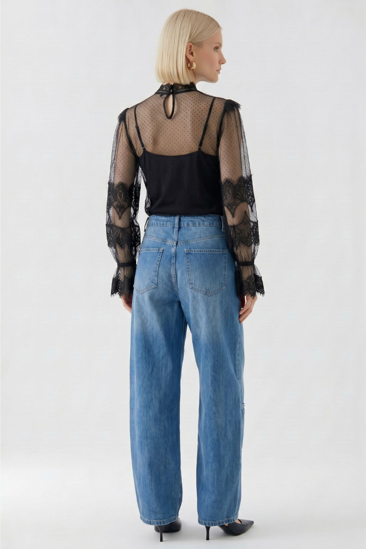 Oui Black Dotted Tulle/Lace Blouse