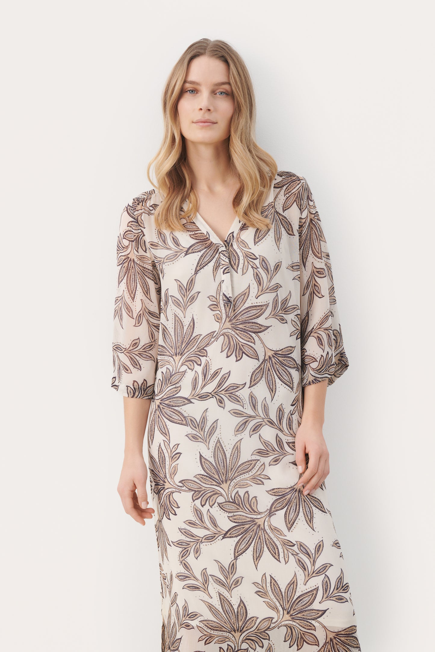 Part Two Berit Cream Dress with Black Delicate Leaf Print