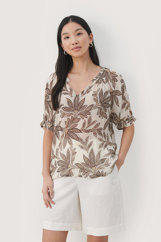 Part Two Popsy Cream Blouse with Black Delicate Leaf Print