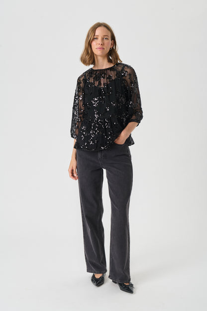 Part Two Vivan Black Sequins on Mesh Blouse