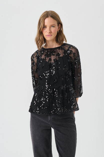 Part Two Vivan Black Sequins on Mesh Blouse