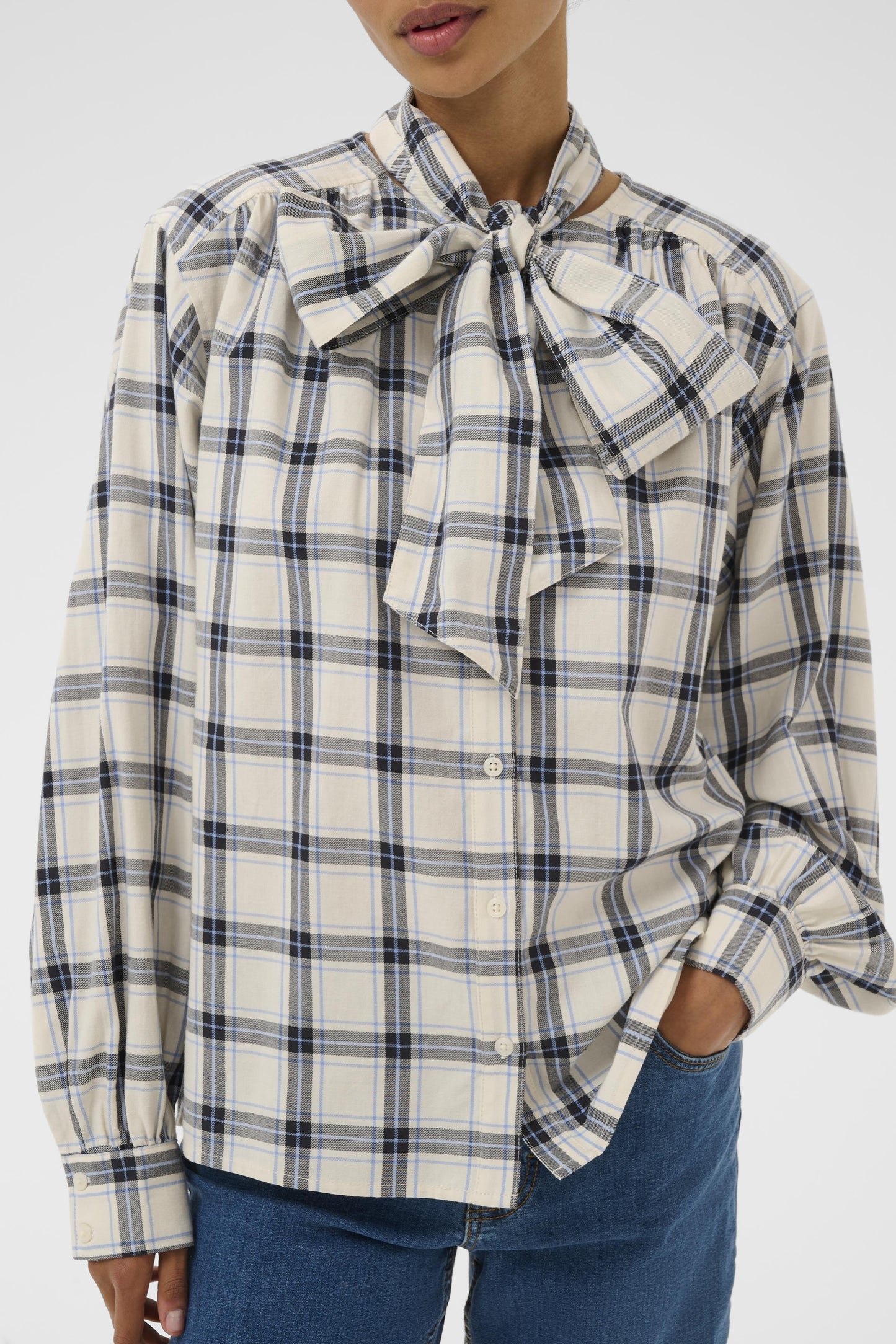 Part Two Yanina's Navy/Blue Check Bow Blouse