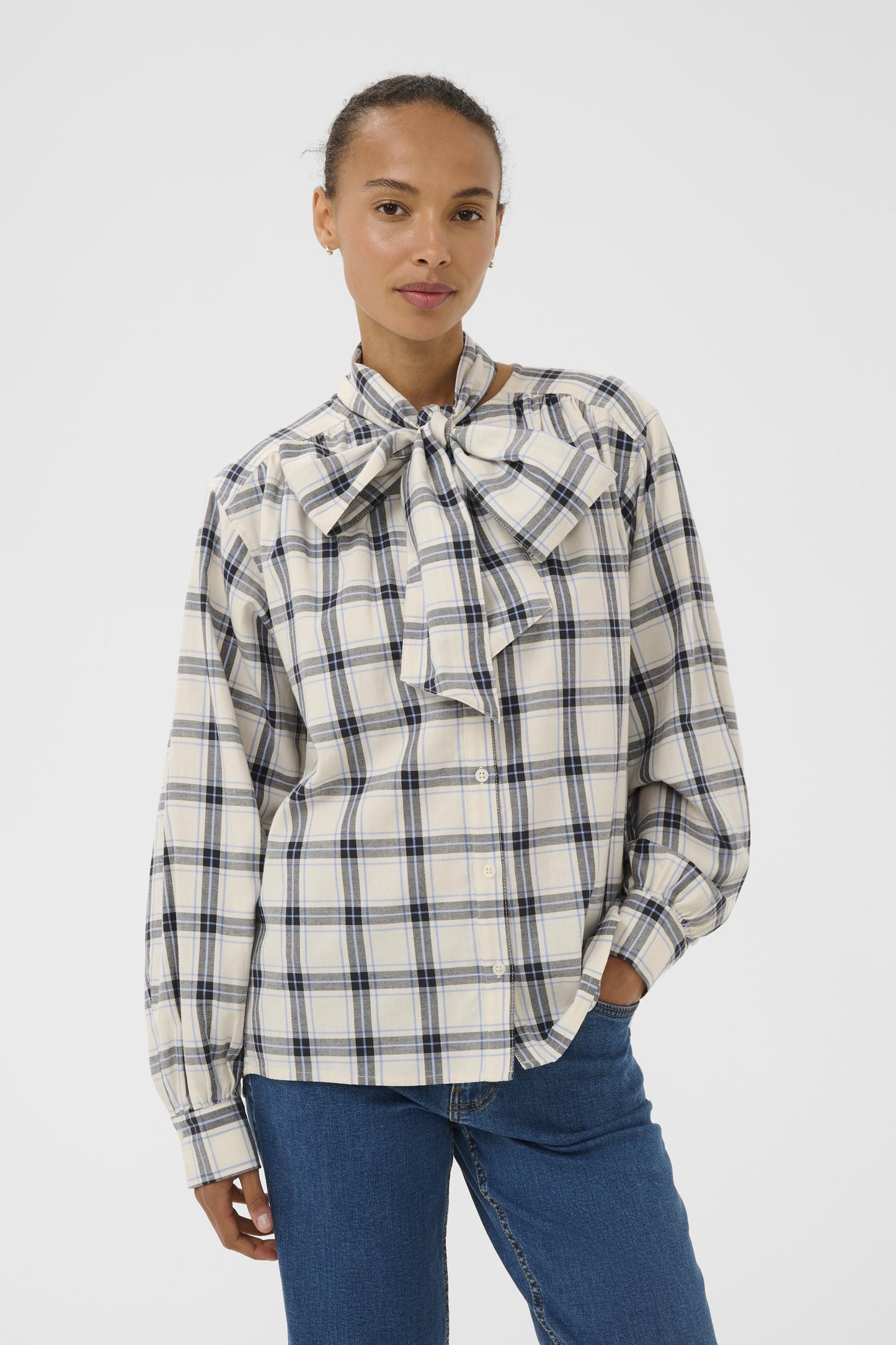 Part Two Yanina's Navy/Blue Check Bow Blouse