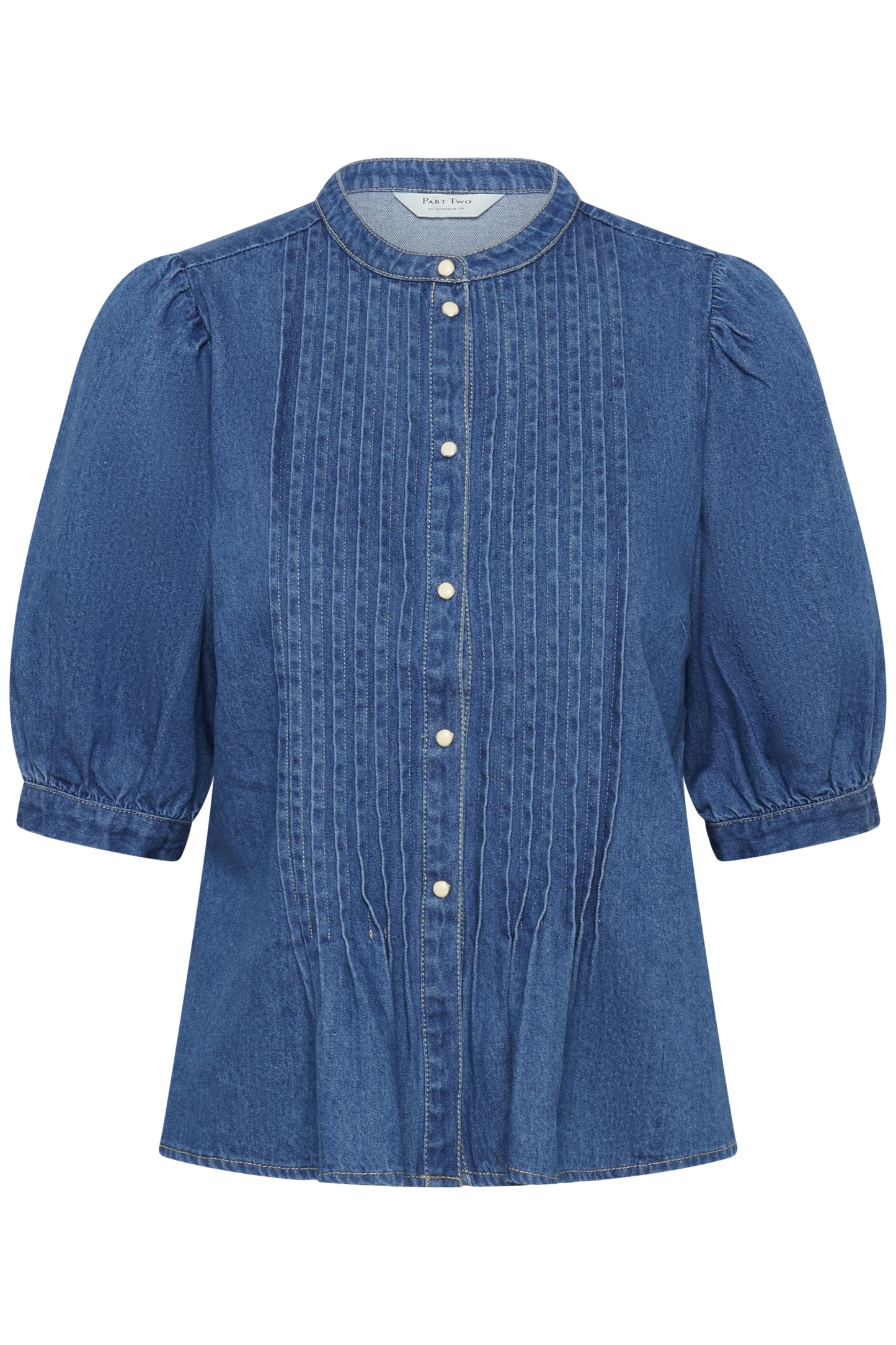 Blue denim blouse with puff sleeves on a white background
