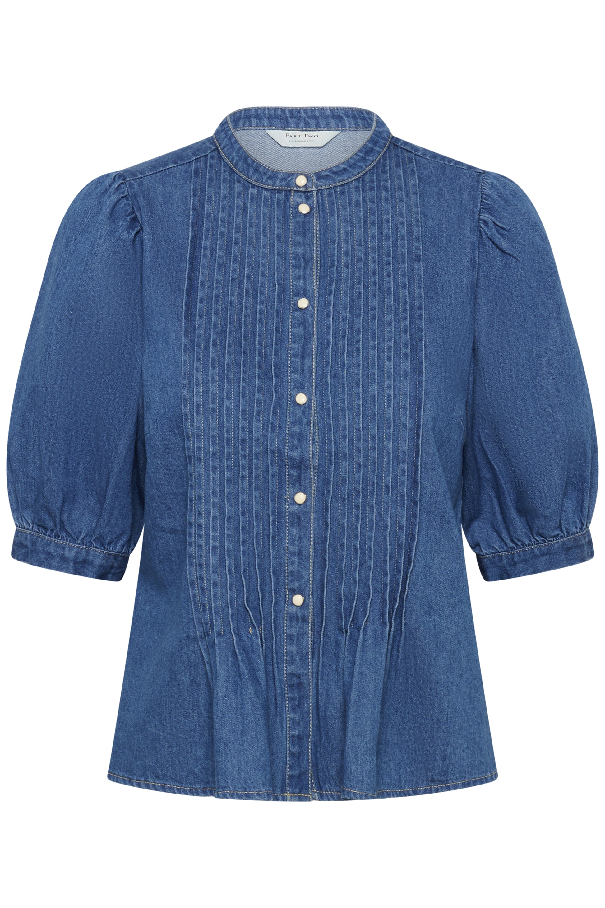 Blue denim blouse with puff sleeves on a white background