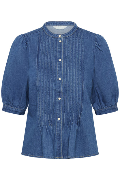 Blue denim blouse with puff sleeves on a white background