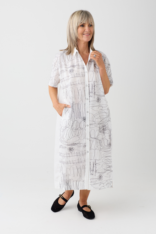 el2 White/Black Scribble Print Dress 3052