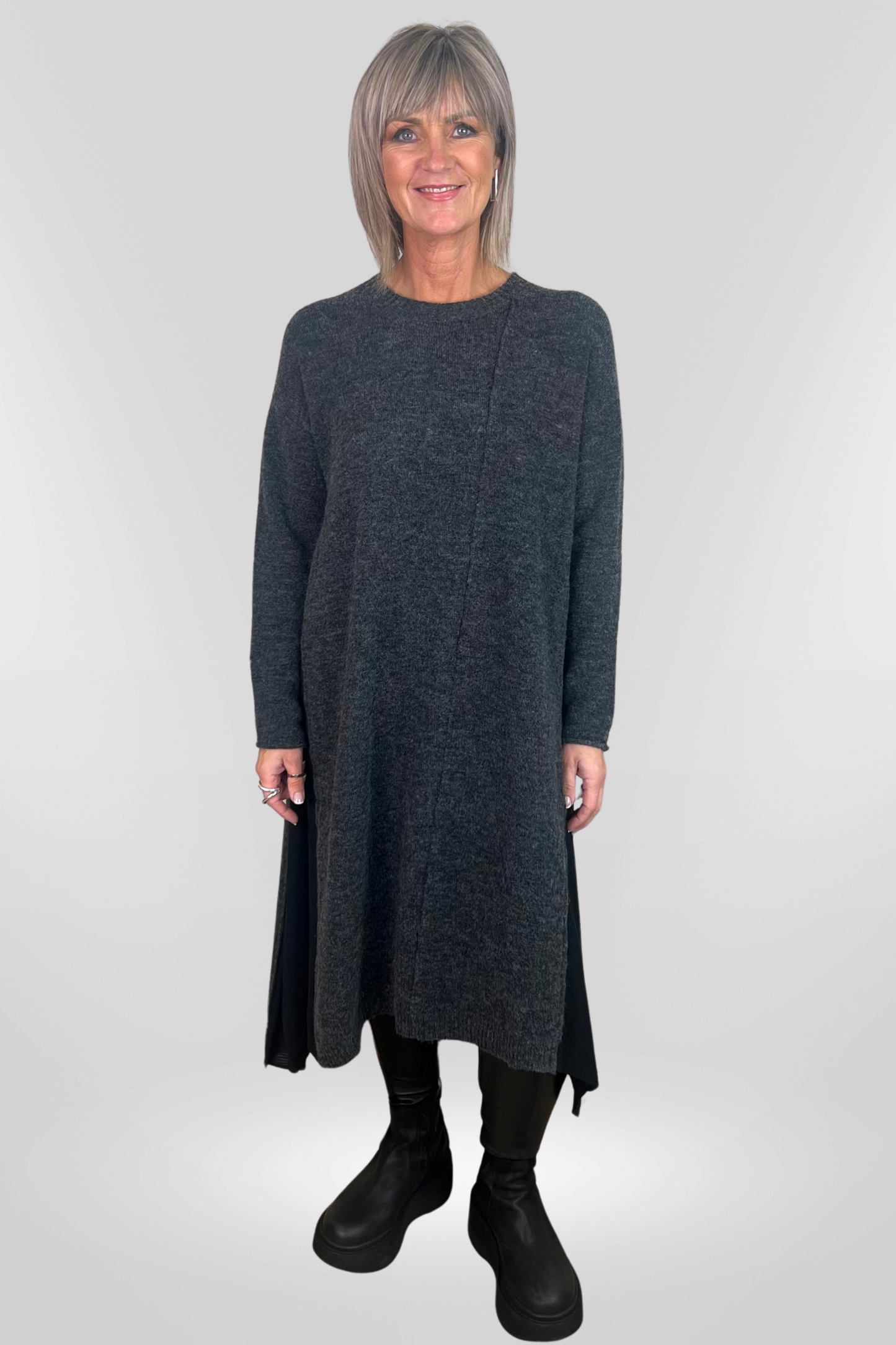 el2 Grey Wool Blend Tunic with Sheer Black Side Panel