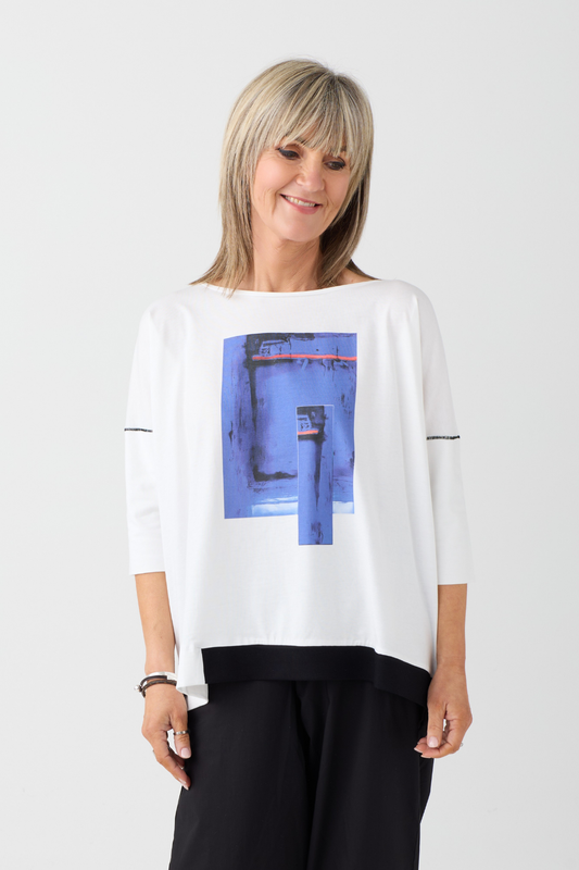 Ozai n Ku Off White/Blue Front Print Top
