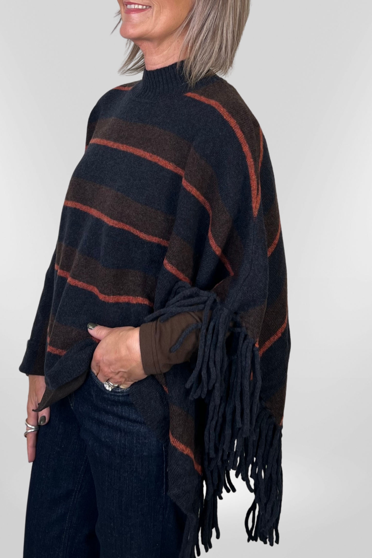 el2 Navy/Brown Stripe Fringed Cape Sleeve Jumper