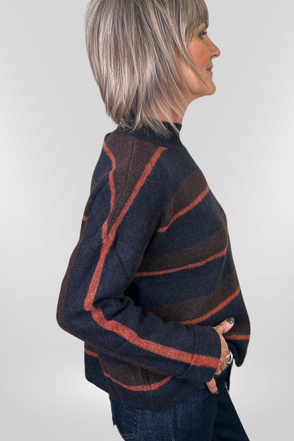 el2 Navy/Brown Stripe Fringed Cape Sleeve Jumper