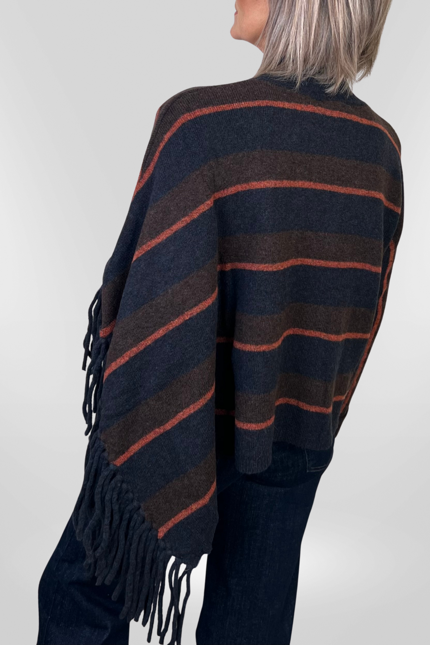 el2 Navy/Brown Stripe Fringed Cape Sleeve Jumper