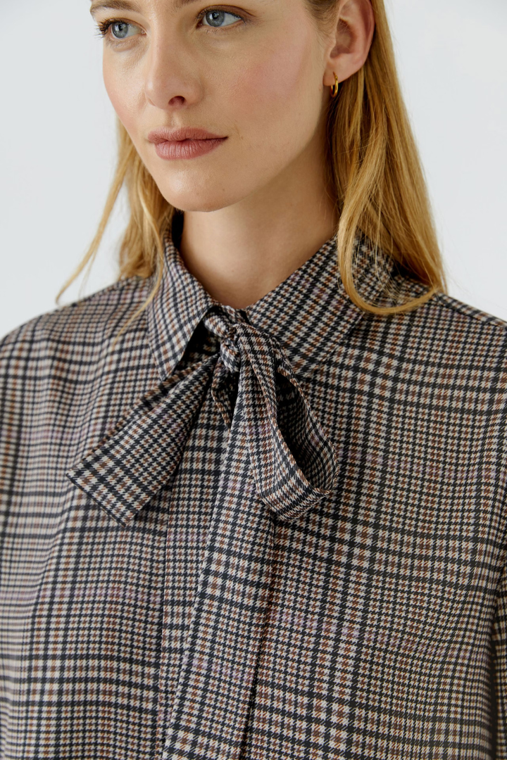 Oui Off White/Brown Check Bow Blouse