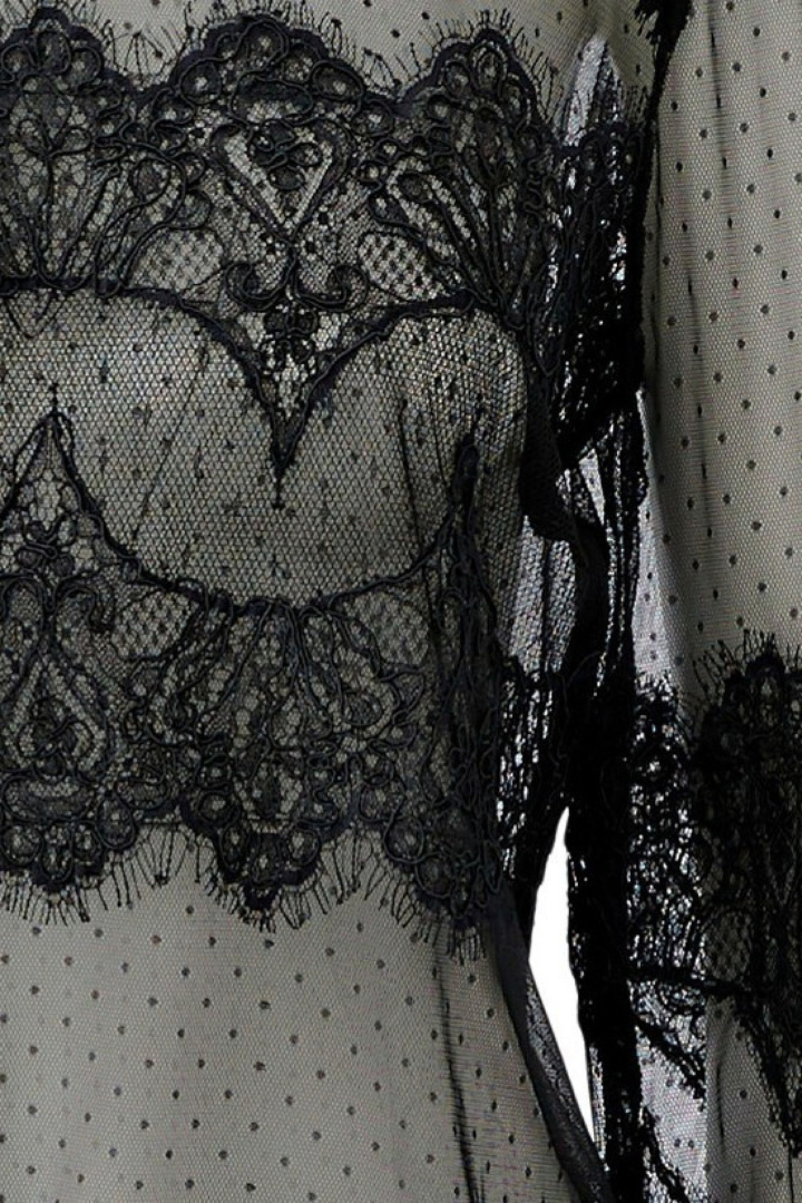 Oui Black Dotted Tulle/Lace Blouse