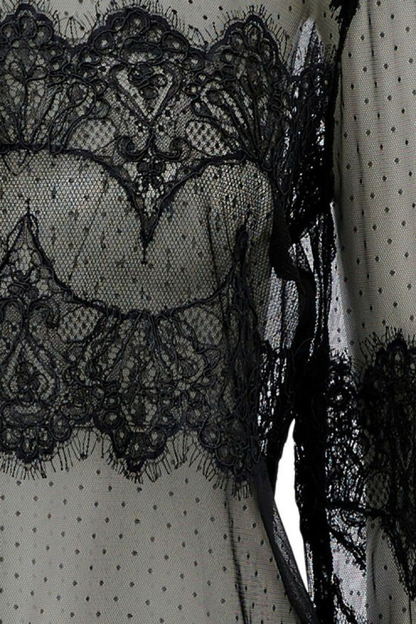 Oui Black Dotted Tulle/Lace Blouse