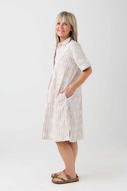 Milano Natur Stripe/Floral Embroidery Dress