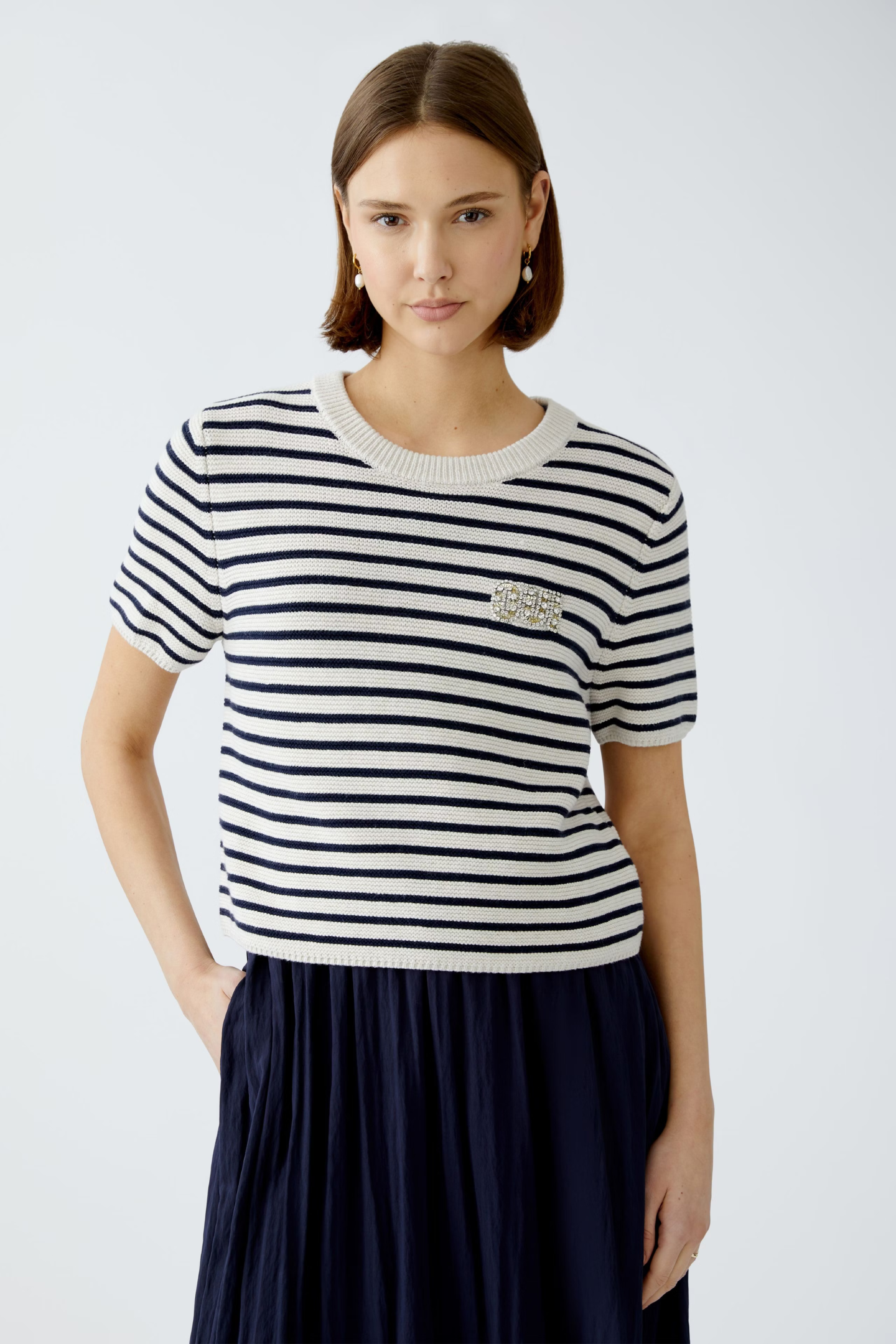 Oui White/Blue Stripe Crystal Logo Jumper