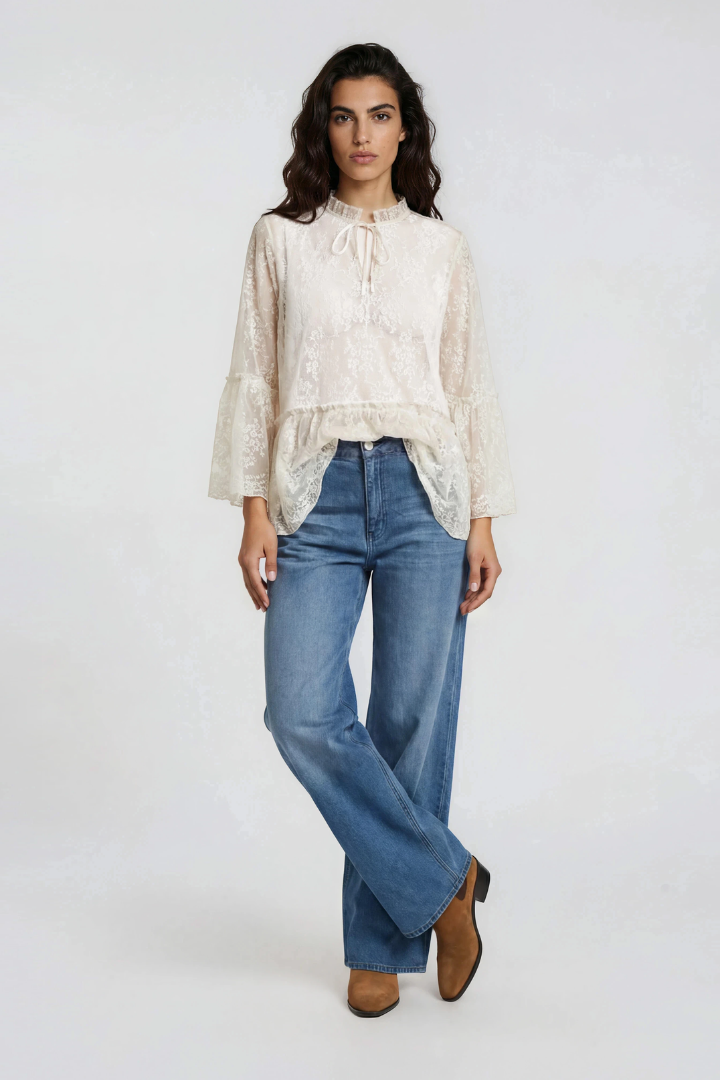 Milano Cream Lace Ruffle Neck Blouse