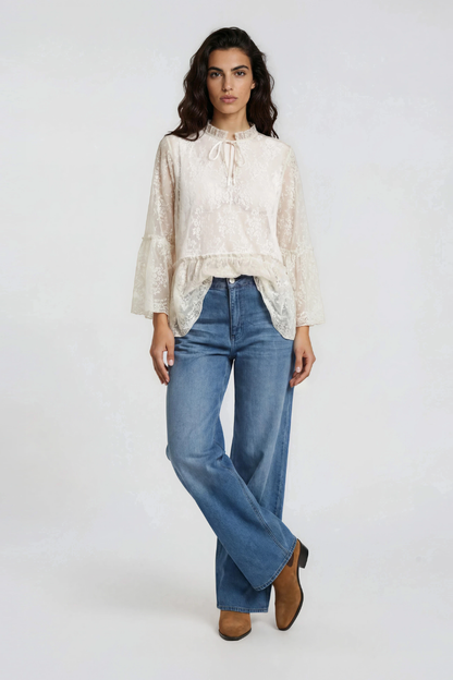 Milano Cream Lace Ruffle Neck Blouse