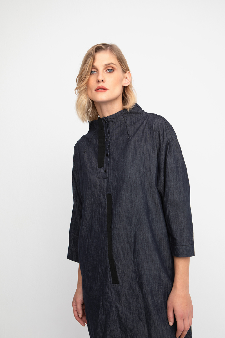 Ozai n Ku Denim Wide Neck Dress - Black Tape Detail