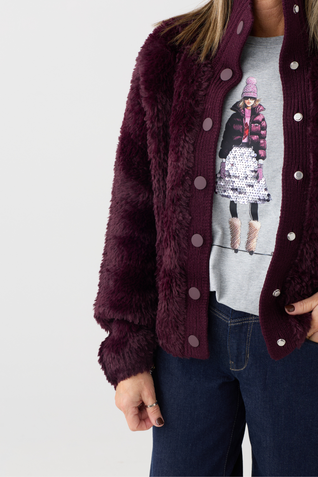 Oui Bramble Berry Knitted Fur Cardigan