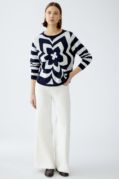 Oui Dark Blue/White Flower/Stripe Jumper