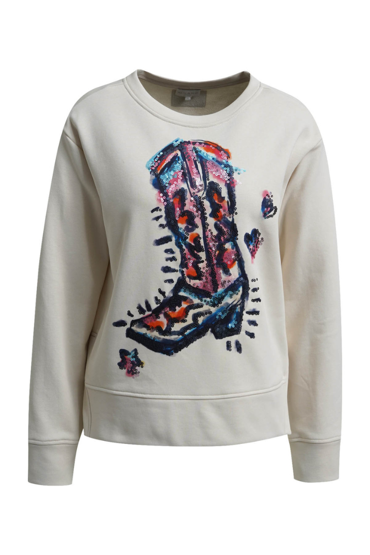 Milano Cream Cowboy Boot Print Sequin Sweatshirt