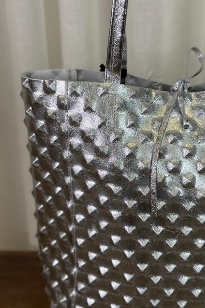 Italian Leather Metallic Silver Punk Shopper Bag