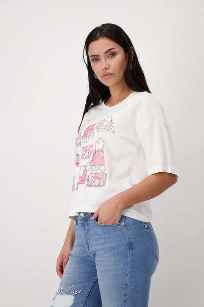 Monari Off-white T-shirt with Bag Print & Diamante Detail
