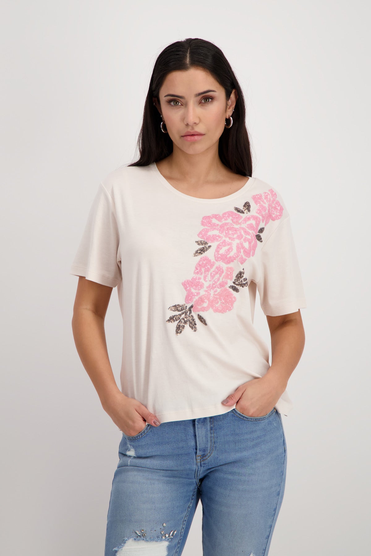 Monari Peanut T-shirt with Sequin Flower Appliqué