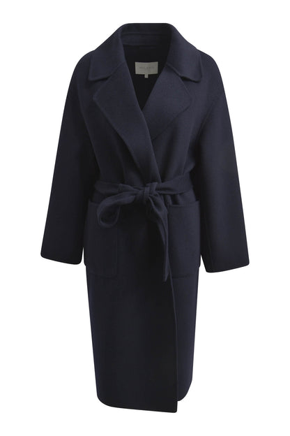 Milano Navy Coat With Collar/Lapel/Patched Pocket/Belt