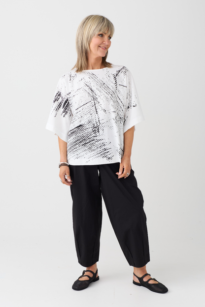 Ozai n Ku Off White/Black Print Batwing Top