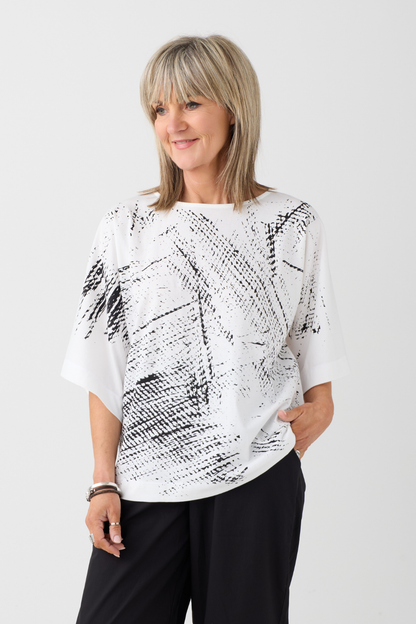 Ozai n Ku Off White/Black Print Batwing Top