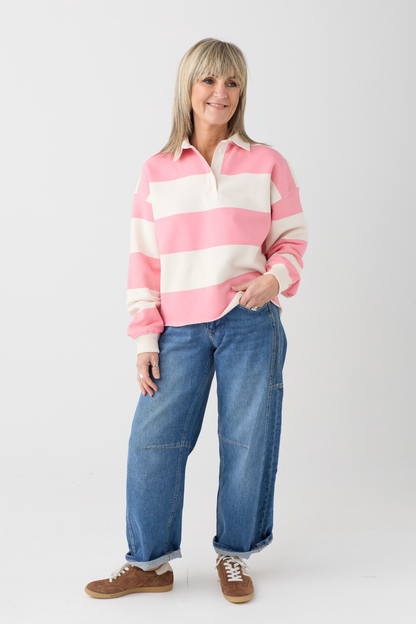 TSP Ecru/Flamingo Stripe Polo Sweatshirt