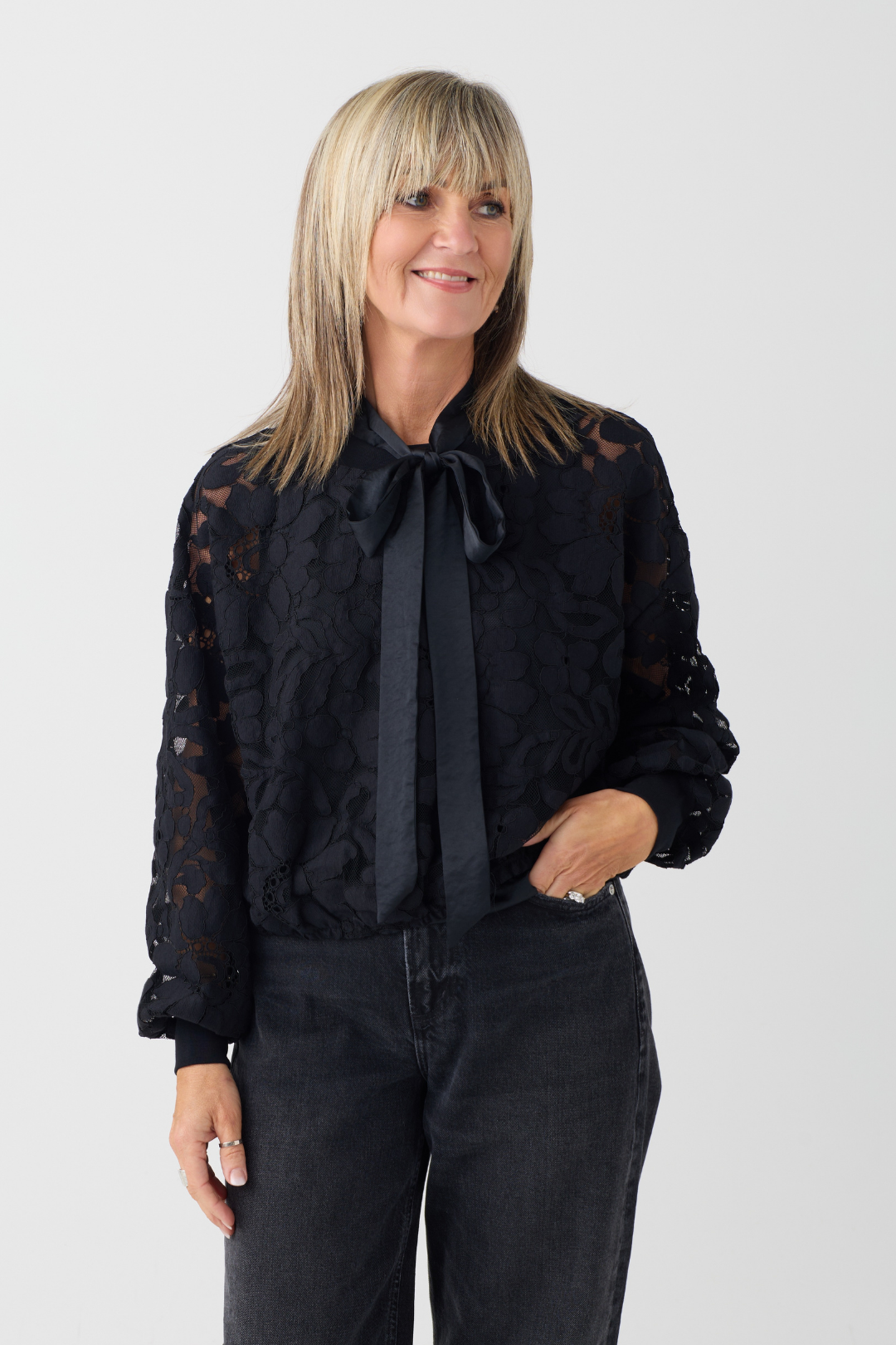 Oui Black Lace Detail Tie Neck Top