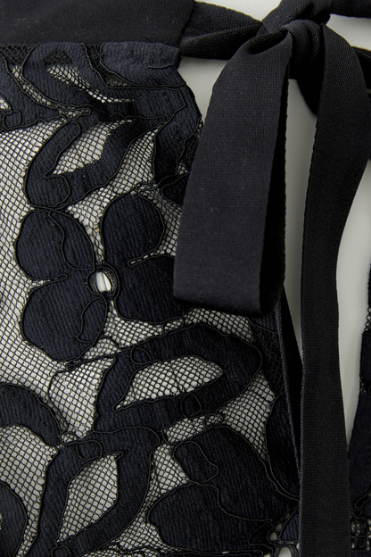Oui Black Lace Detail Tie Neck Top