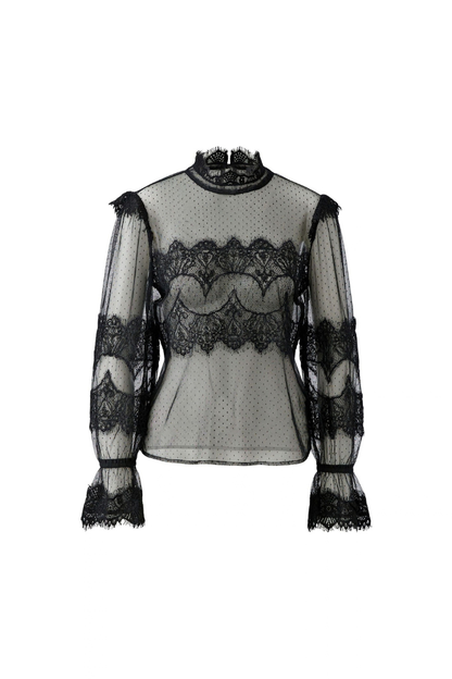 Oui Black Dotted Tulle/Lace Blouse