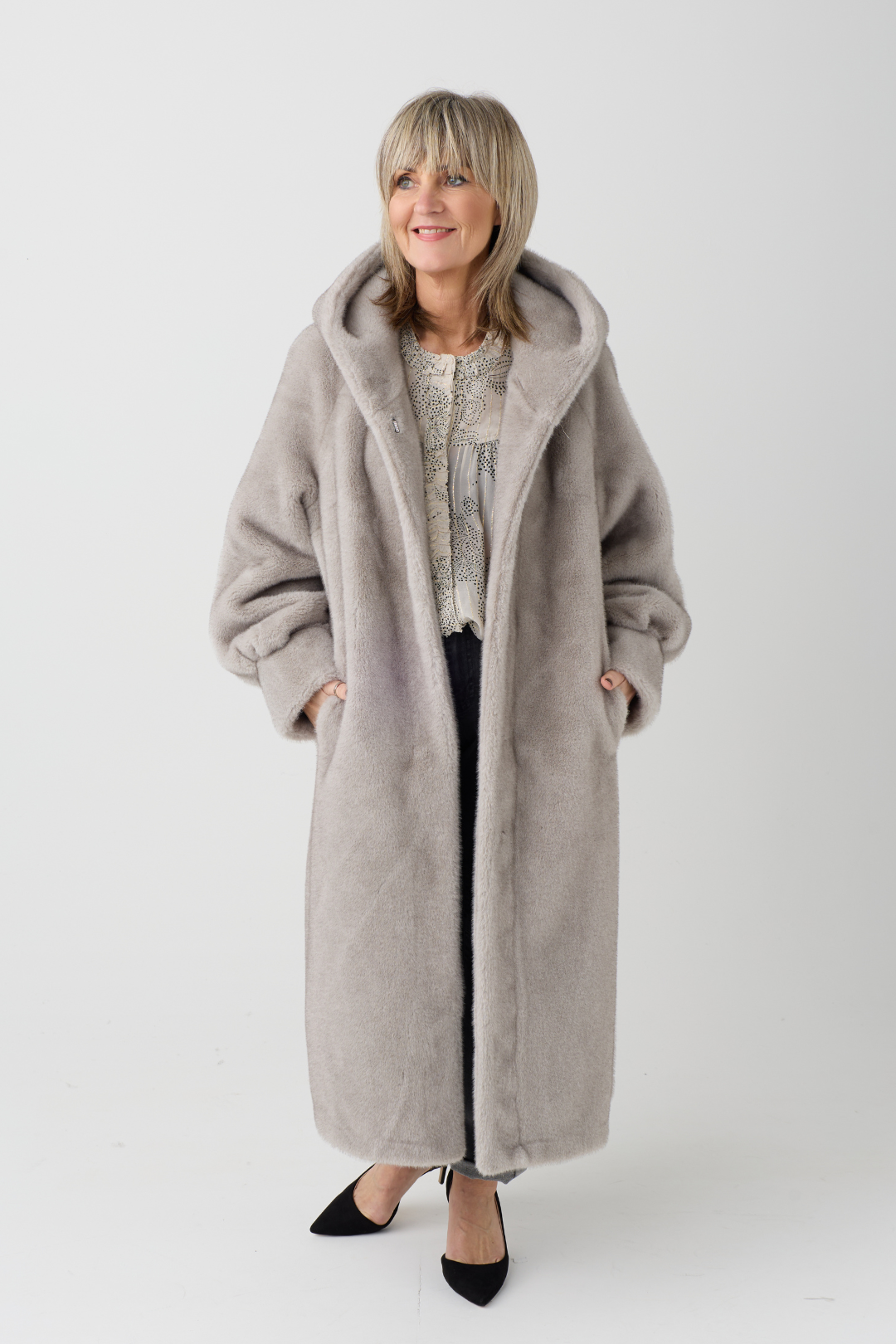 Isabella Grey Hooded Faux Fur Coat