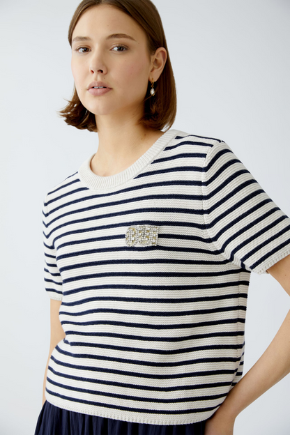 Oui White/Blue Stripe Crystal Logo Jumper