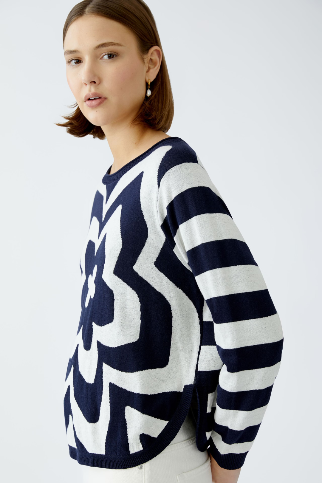 Oui Dark Blue/White Flower/Stripe Jumper