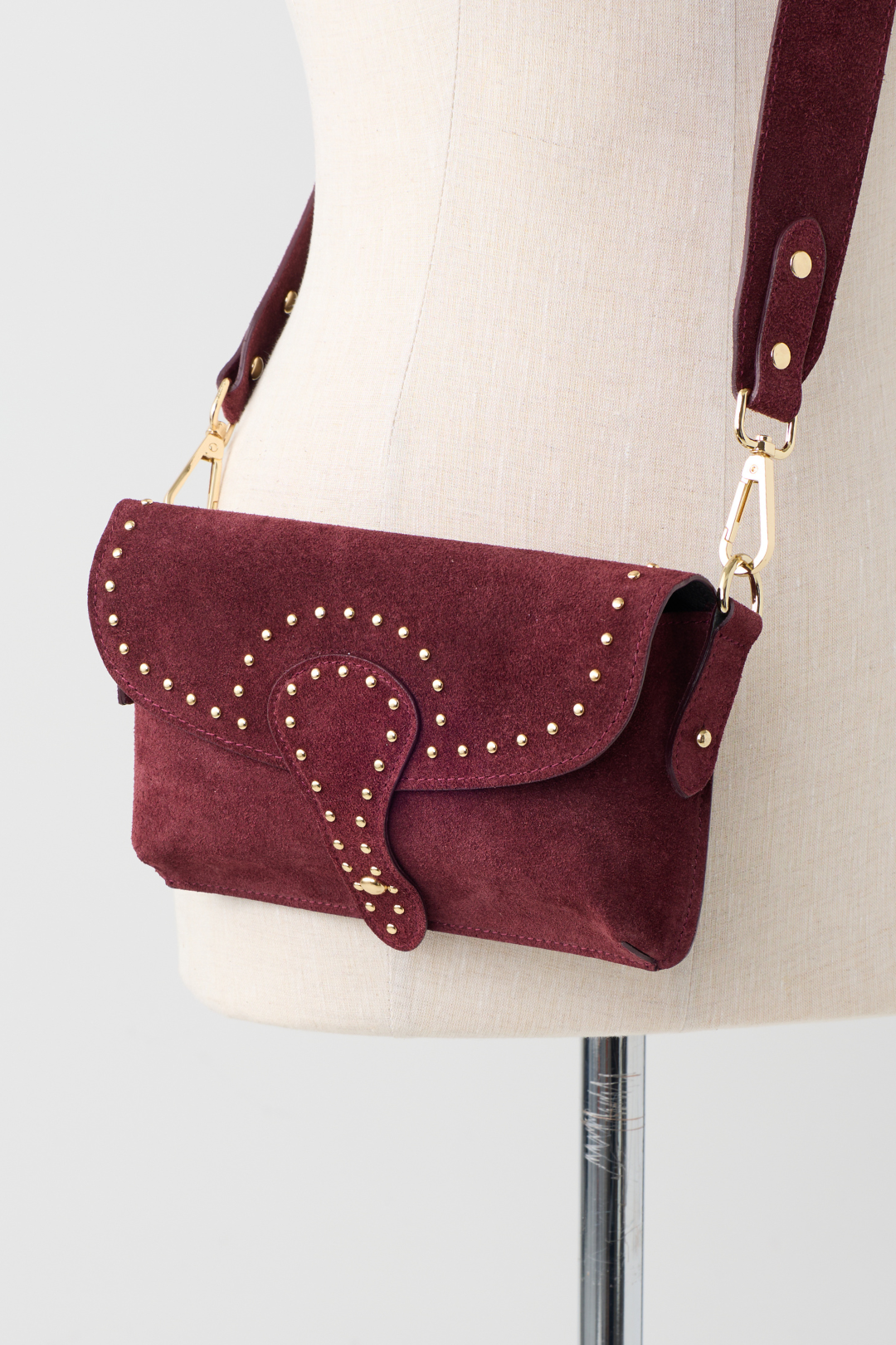 Berry Suede Wide Strap Cross Body Bag w/Studs