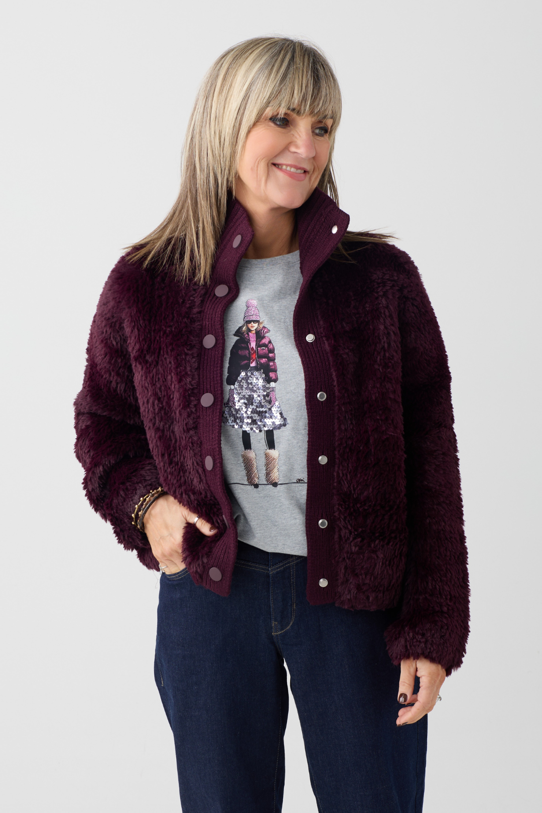 Oui Bramble Berry Knitted Fur Cardigan