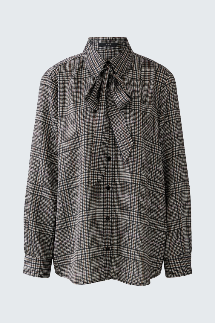 Oui Off White/Brown Check Bow Blouse