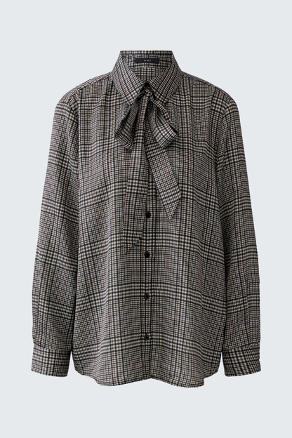 Oui Off White/Brown Check Bow Blouse