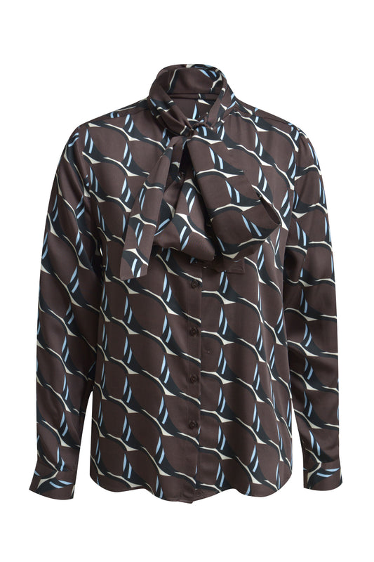 Milano Mocca Print Blouse w/Bow Tie Detail